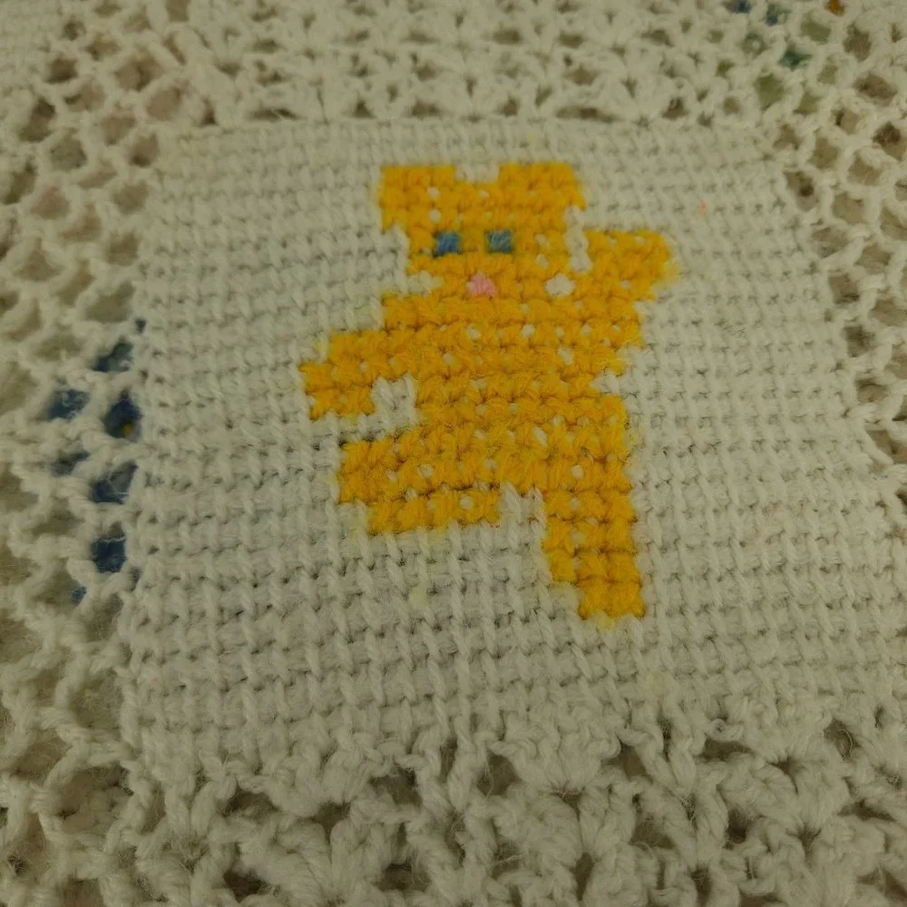 Crocheted Afghan Blanket Baby Infant Homemade White Boy Girl Animal Squares 58